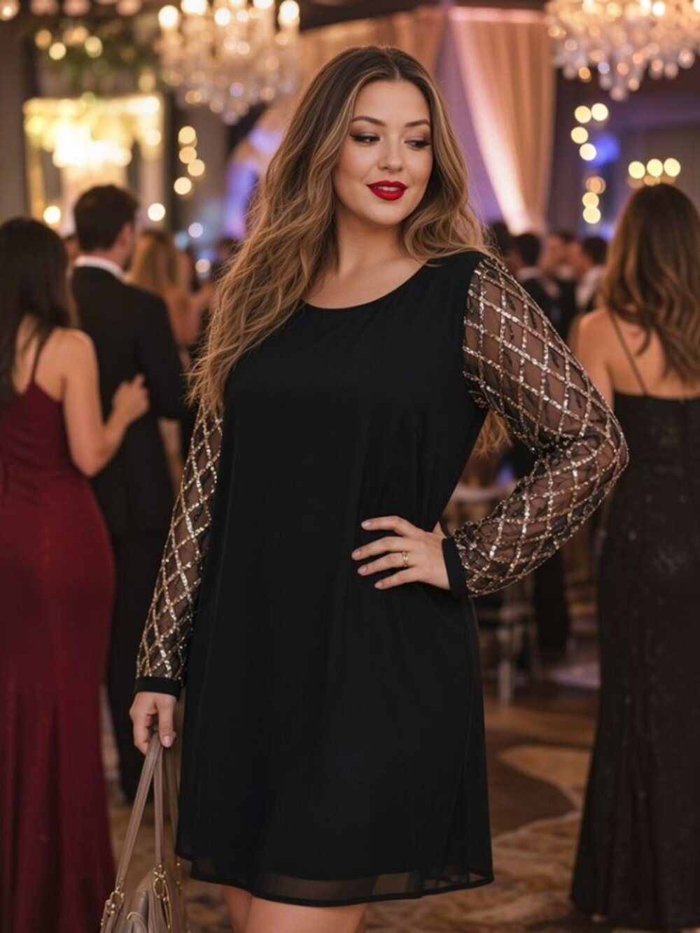 Chic Soul Black Geometric Gold Sequinn Sleeve Dress Size 3X